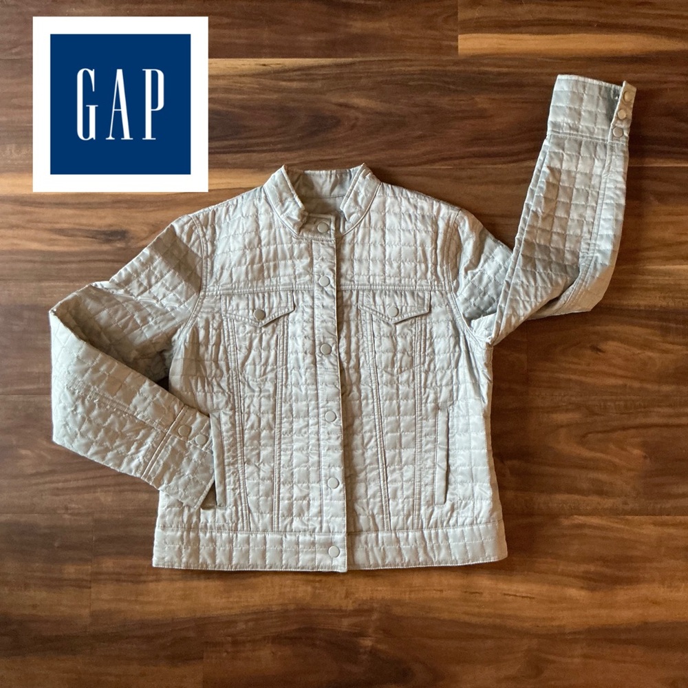 GAP Grey Quilted Moto Jacket Snap Front, Pockets & Cuffs Women’s Large BX22